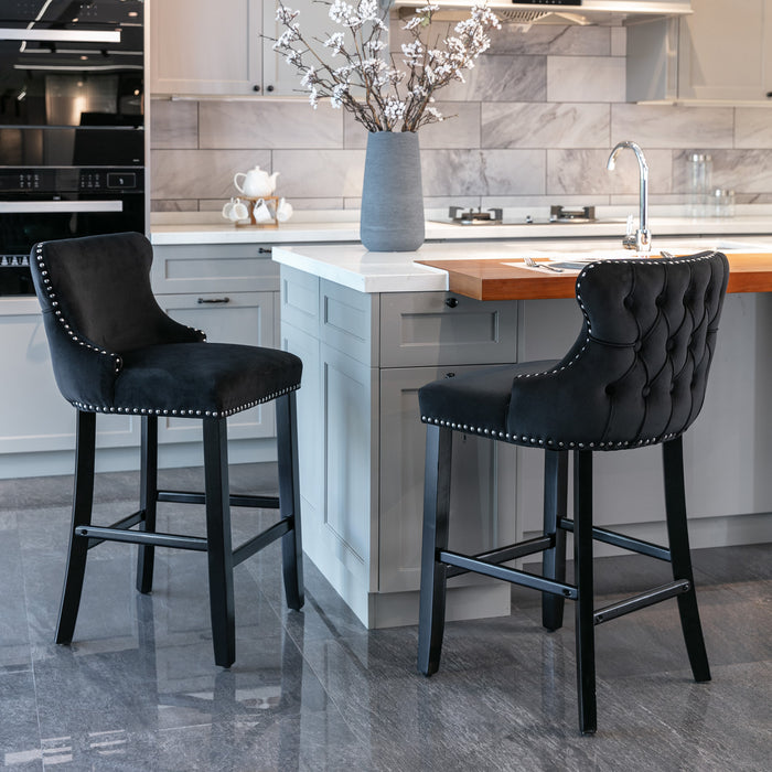 Contemporary Velvet Upholstered Wing-Back Barstools, Set of 2 (Black)