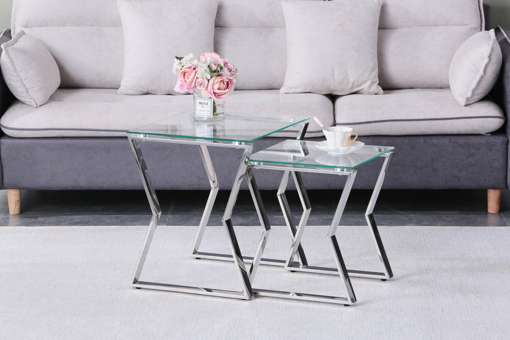 Modern Glass End Table  for Living Room 2 pc - Silver