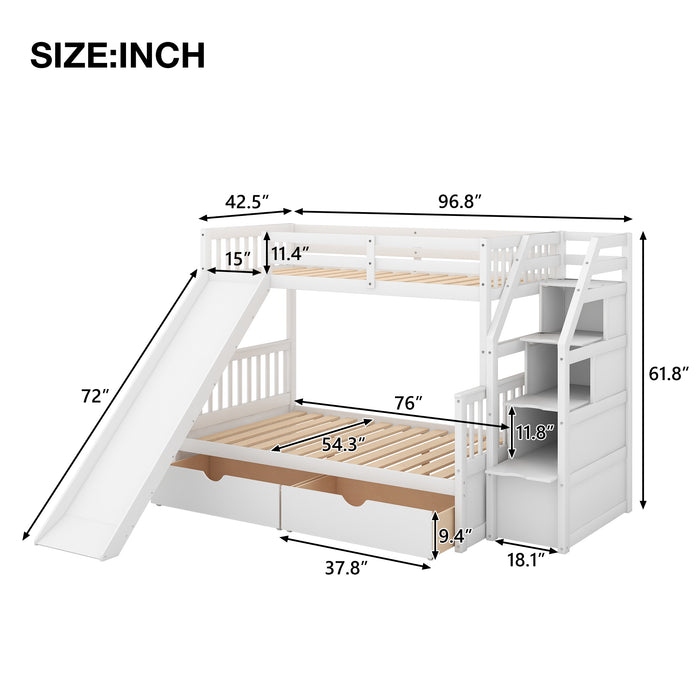 Multifunction Twin over Full Bunk Bed with Drawers, Storage and Slide - White