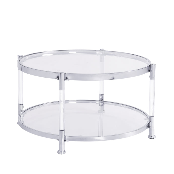 Contemporary Acrylic Coffee Table, Round Tempered Glass - Chrome/Silver