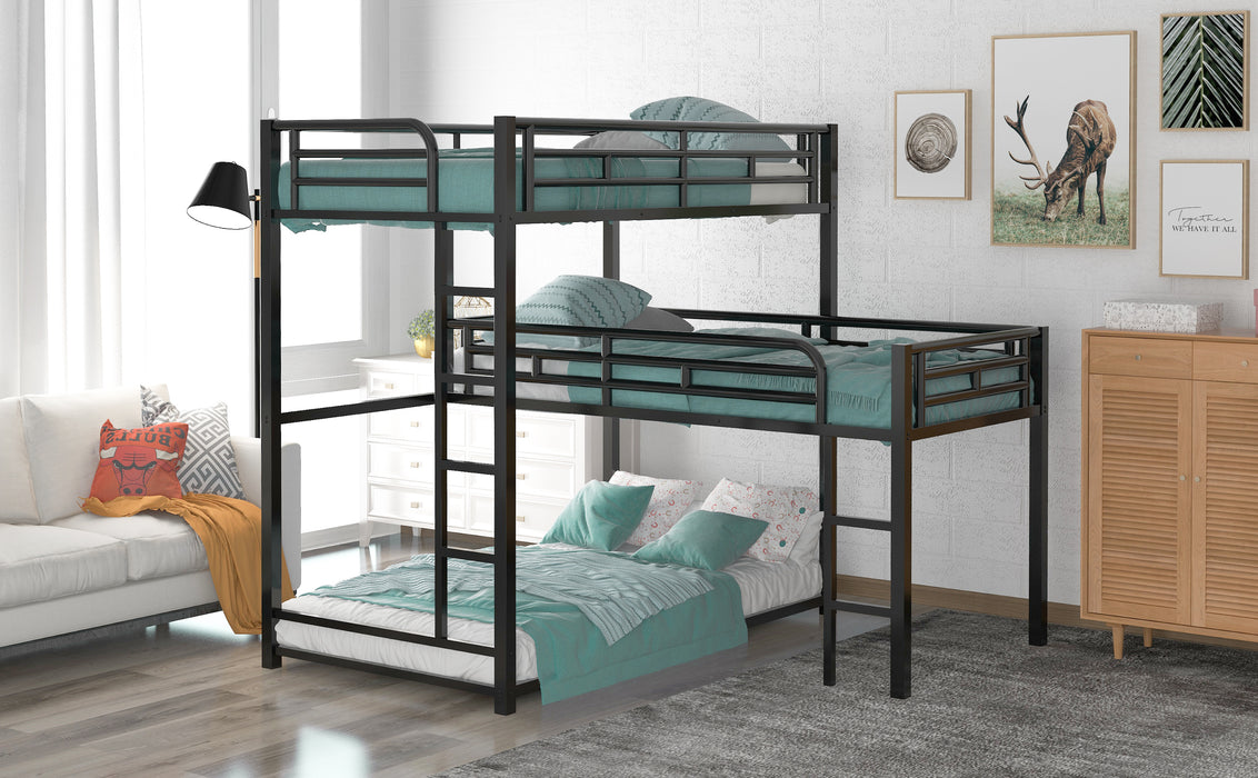 L-shaped Metal Triple Twin Size Bunk Bed - Black