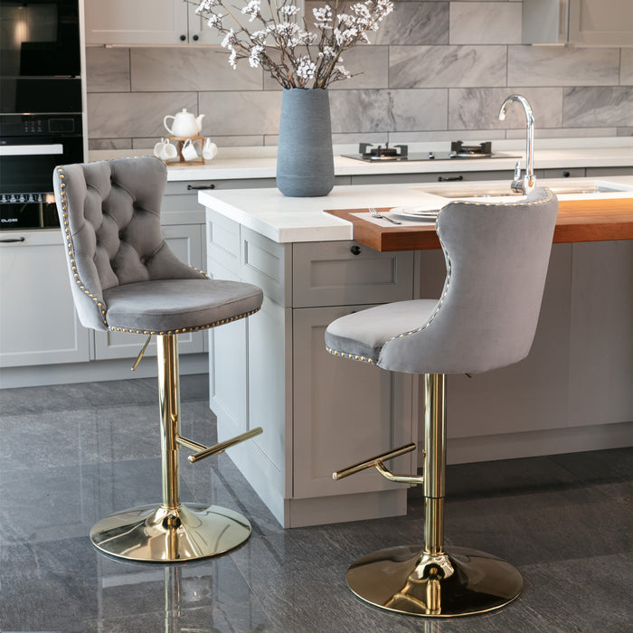 Golden Swivel Velvet Barstools , Gray (Set of 2）