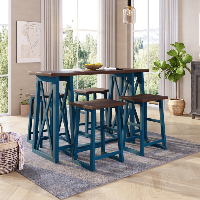 5-Piece Rustic Counter Height Dining Set - Walnut+Blue