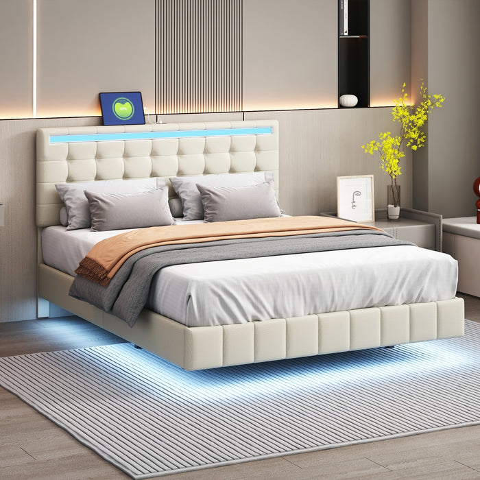 Queen Size Modern Upholstered Platform Floating Bed Frame with LED Lights and USB Charging - Beige