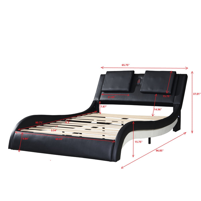 Queen Size Faux Leather Upholstered Platform Bed Frame with led lighting and Bluetooth connection - Black