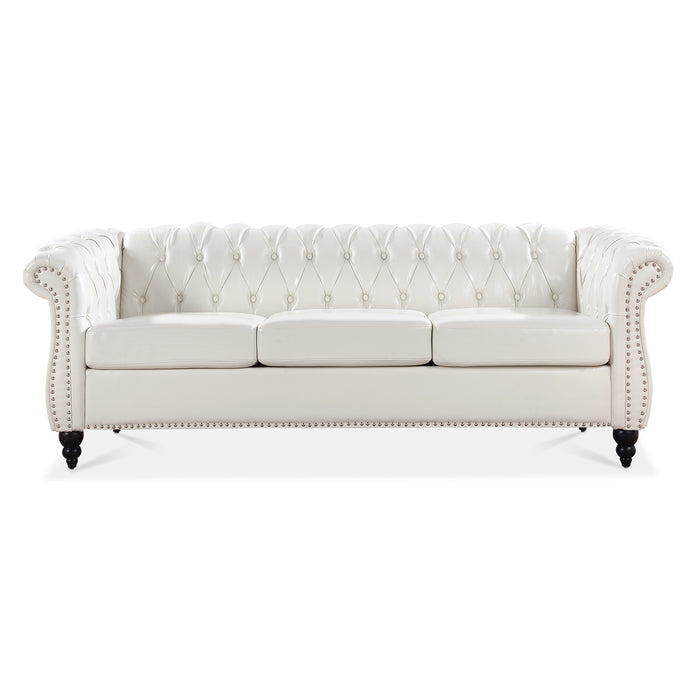 Rolled Arm Chesterfield 3 Seater Sofa - White