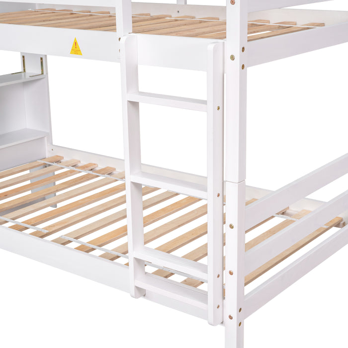 Twin Over Twin Bunk Beds with Bookcase Headboard - White