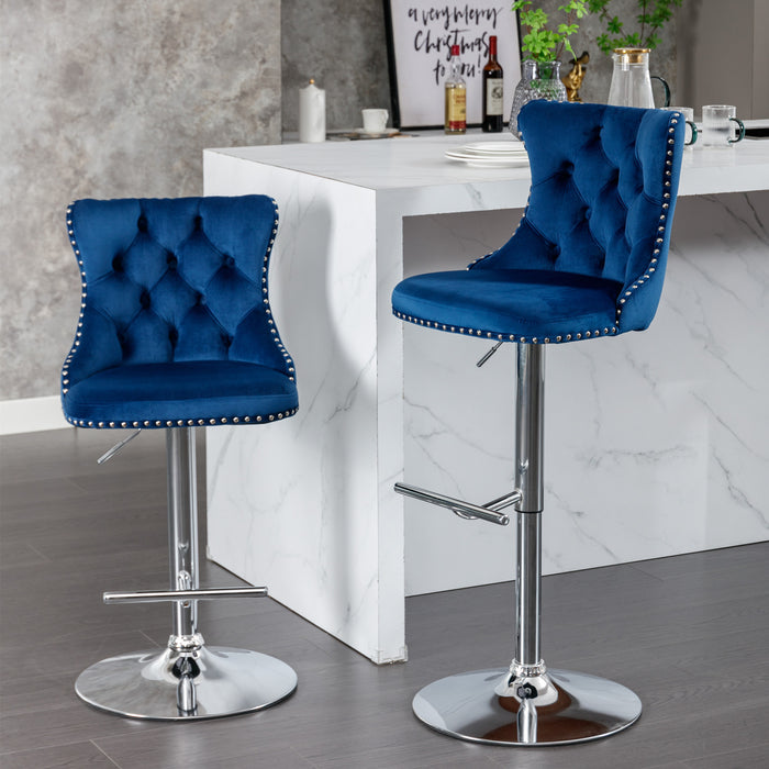 Swivel Velvet Barstools, Blue (Set of 2）