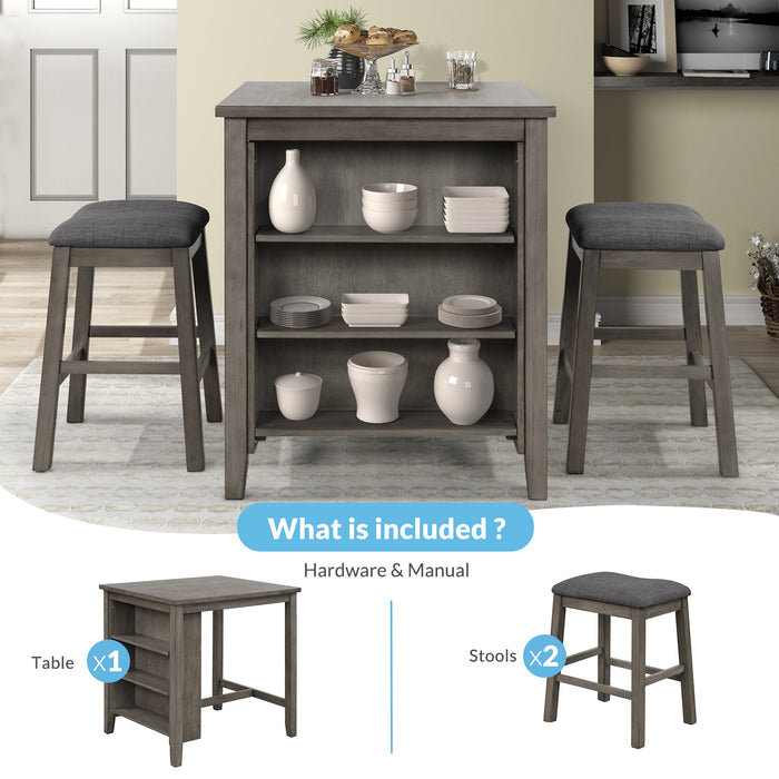 3-Piece Dining Table with Padded Stools - Dark Gray