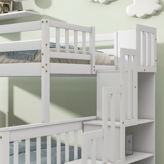 Twin Over Full Bunk Bed with 2 Drawers and Staircases - White