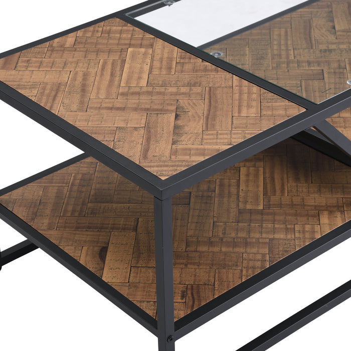 Black Coffee Table with Storage Shelf - Tempered Glass