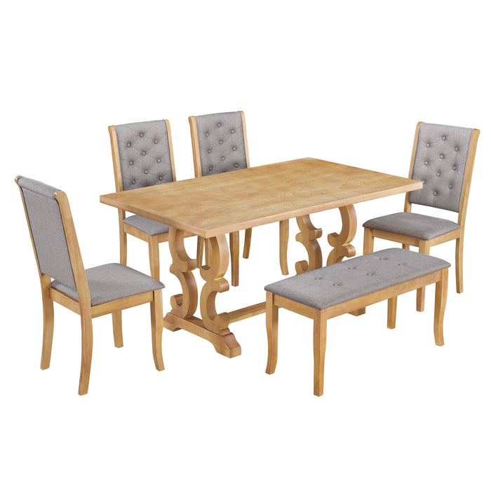 6-Piece Retro Dining Set with Unique-designed Table Legs  - Natural Wood Wash