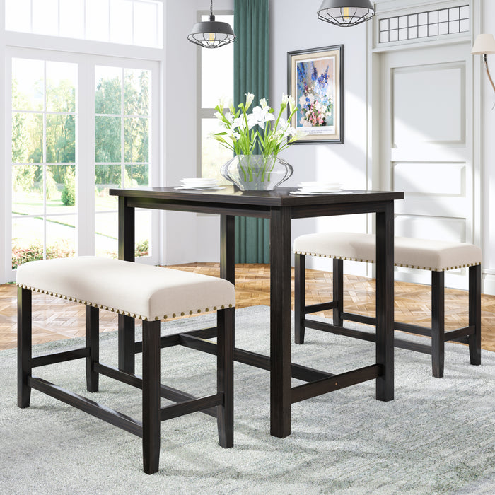 3-Pieces Rustic Wooden Counter Height Dining Table Set - Espresso+ Beige