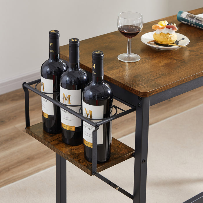 3-Piece Bar Table Set with wine bottle storage rack - Rustic Brown