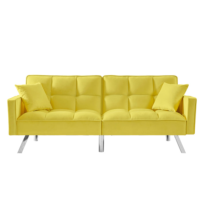 Modern Velvet Sofa Bed with Armrests and 2 Pillows - YELLOW