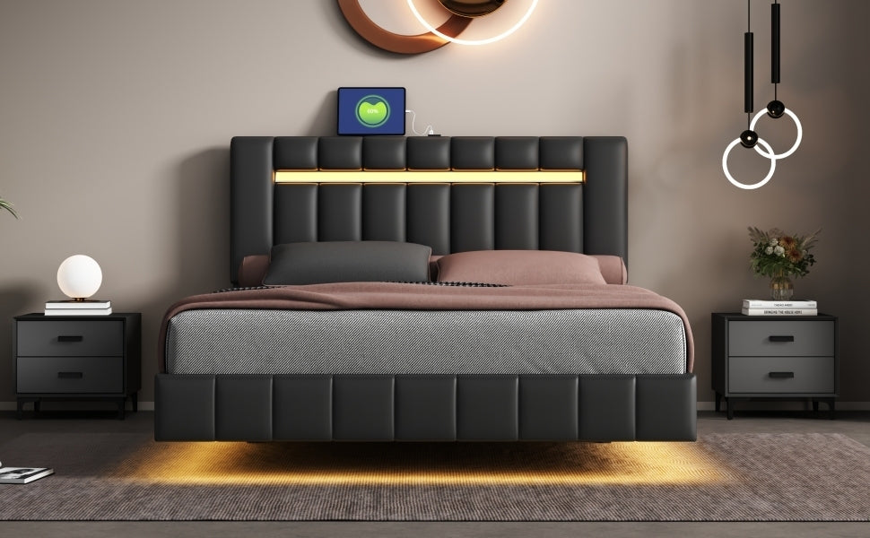 Queen Size Modern Upholstered Platform LED Bed  with LED Lights and USB Charging - Black