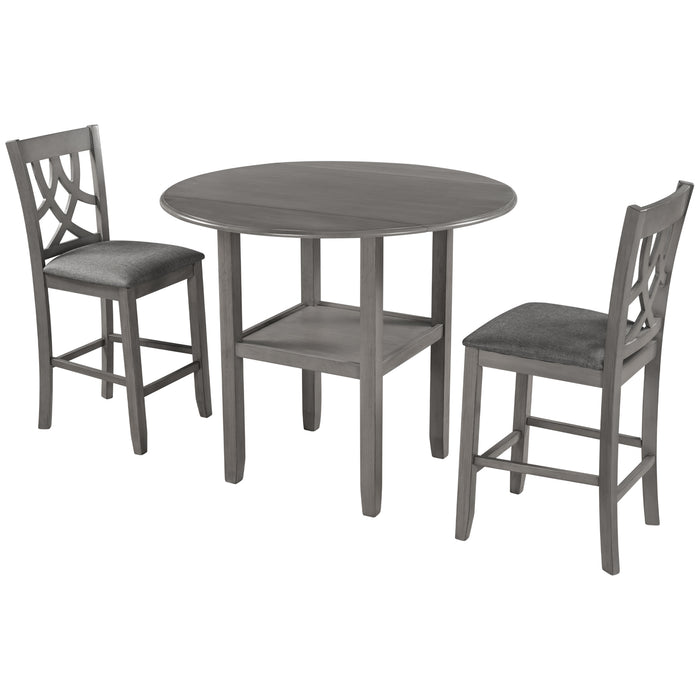 3-Piece Farmhouse Round Counter Height Kitchen Dining Table Set with Drop Leaf Table - Gray