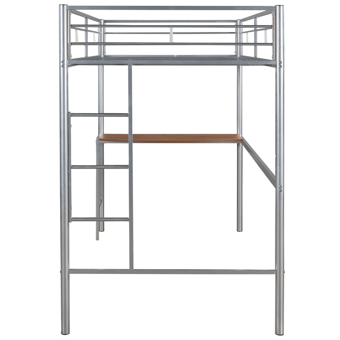 Twin Metal Loft Bunk Bed with Desk, Ladder and Guardrails - Silver