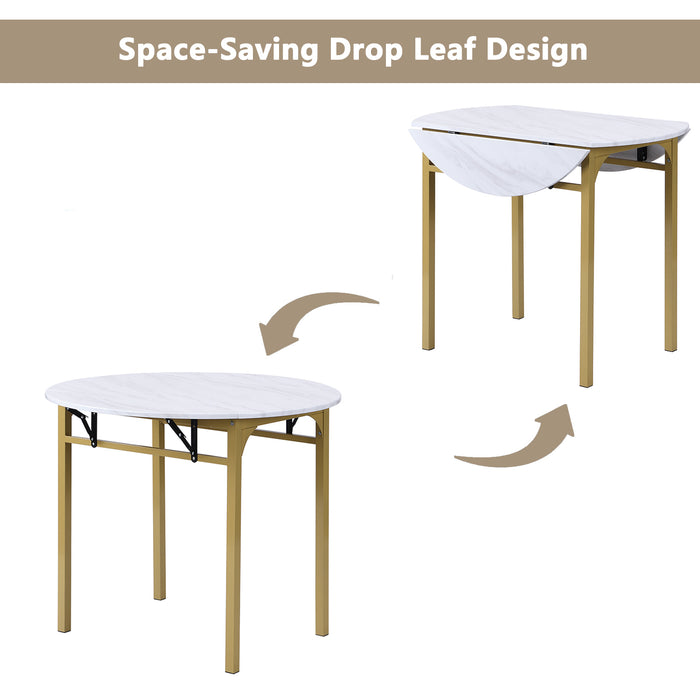 3-Piece  Modern Round Dining Table Set with Drop Leaf - Golden Frame + Faux White Granite Finish