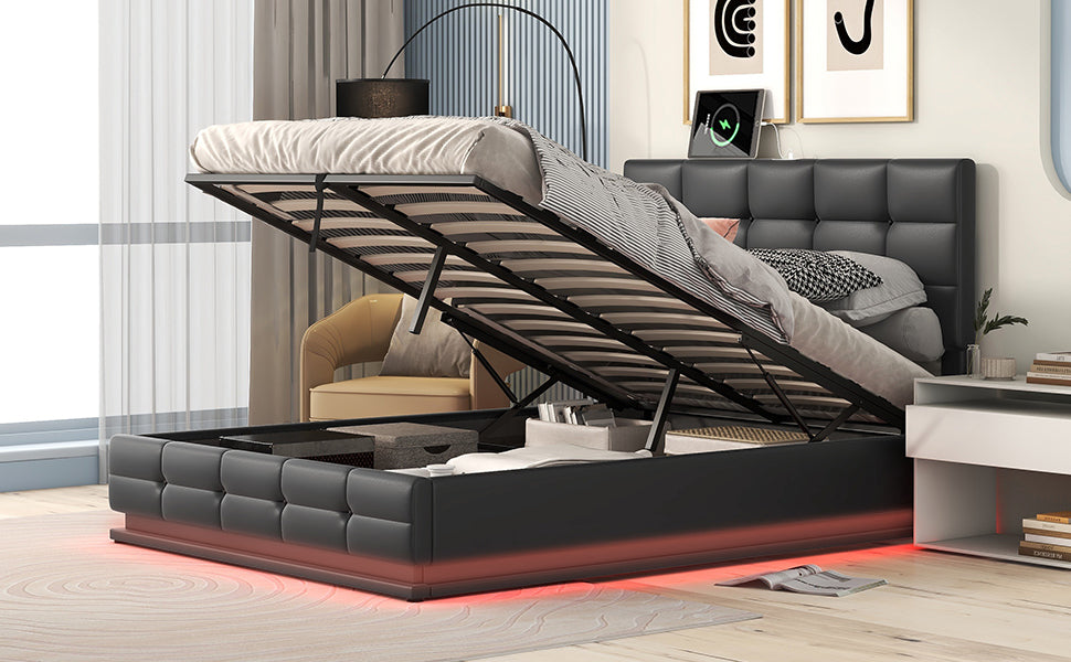 Full Size Tufted Upholstered Platform Bed with Hydraulic Storage and LED Lights and USB charger - Black