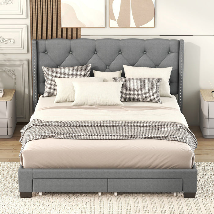 Queen Size Storage Bed Linen Upholstered Platform Bed with Two Drawers - Gray