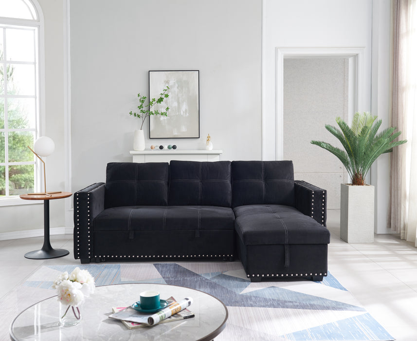 Sectional sofa with pulled out bed & chaise with storage - BLACK