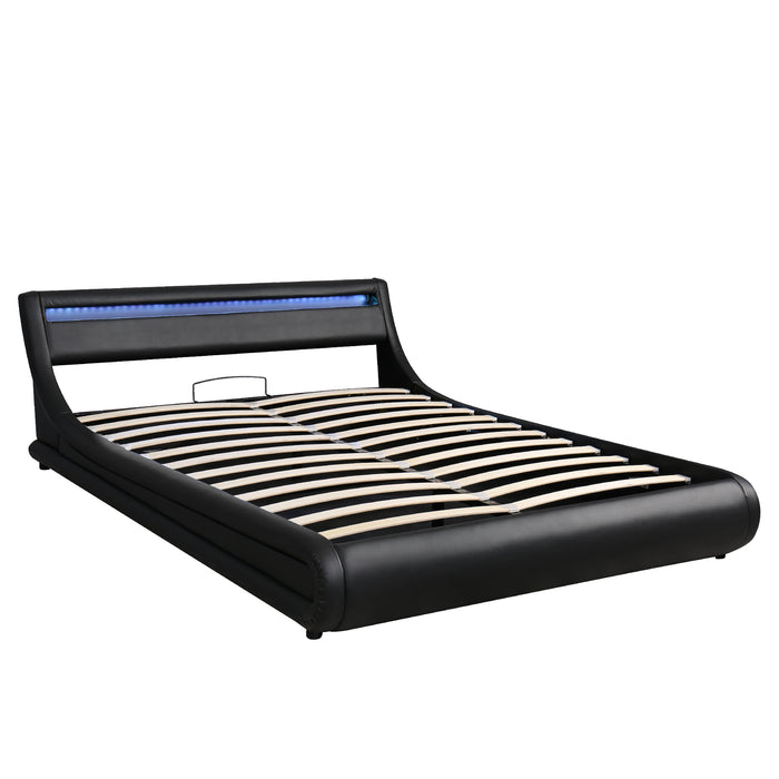 Queen Upholstered Faux Leather Storage Platform bed  with LED Light - Black