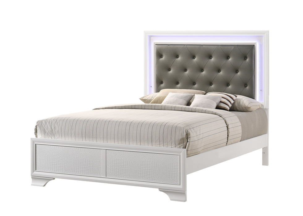 Queen Size Modern Crocodile Skin Finish Upholstered LED Panel Bed - White