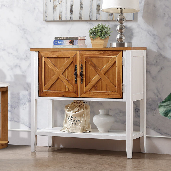 Farmhouse Wood Buffet Console Table - Antique White + Natural Acacia