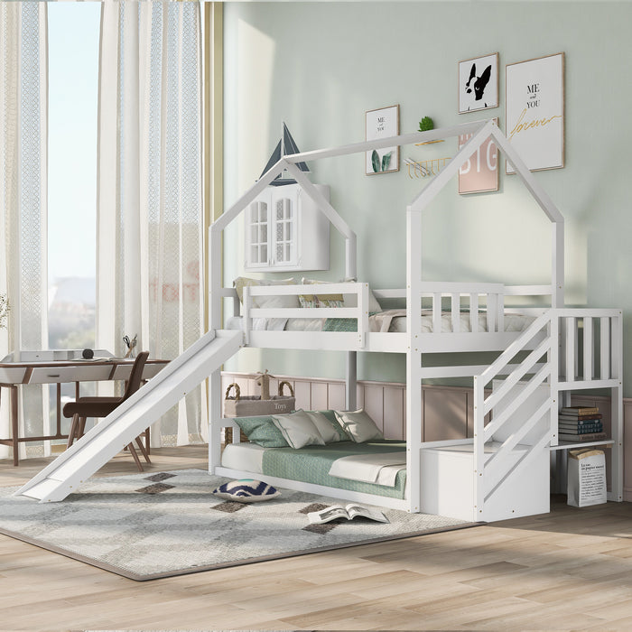 Twin over Twin House Bunk Bed with Convertible Slide, Storage Staircase -White