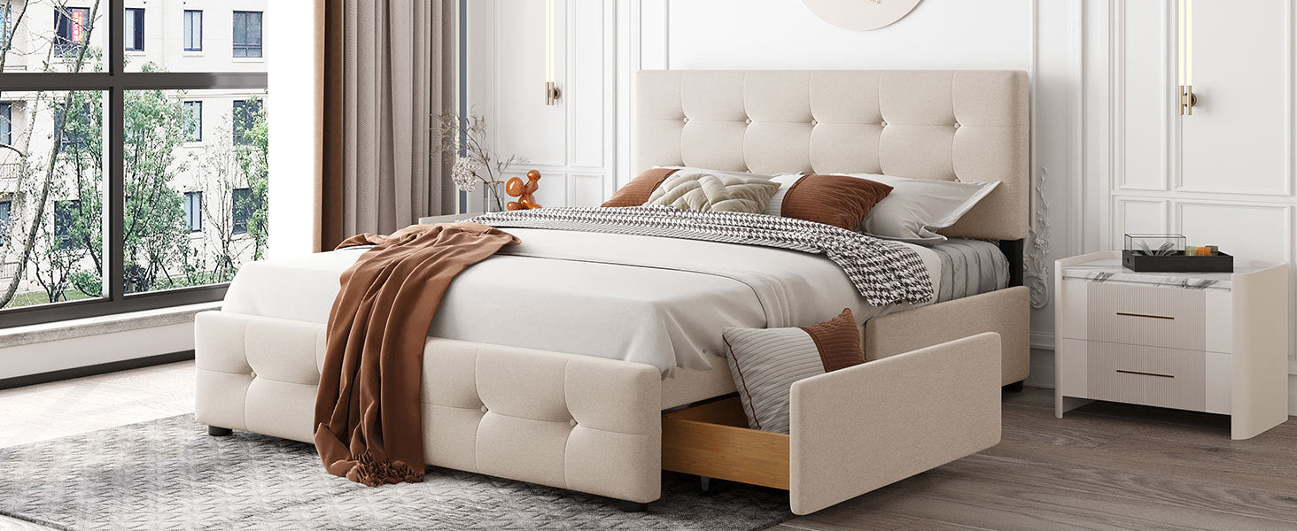 Upholstered Platform Storage Bed, Queen Size (Beige)