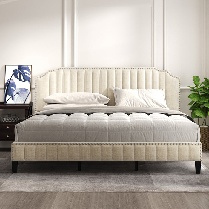 Modern Linen Curved Upholstered Platform Bed (King)