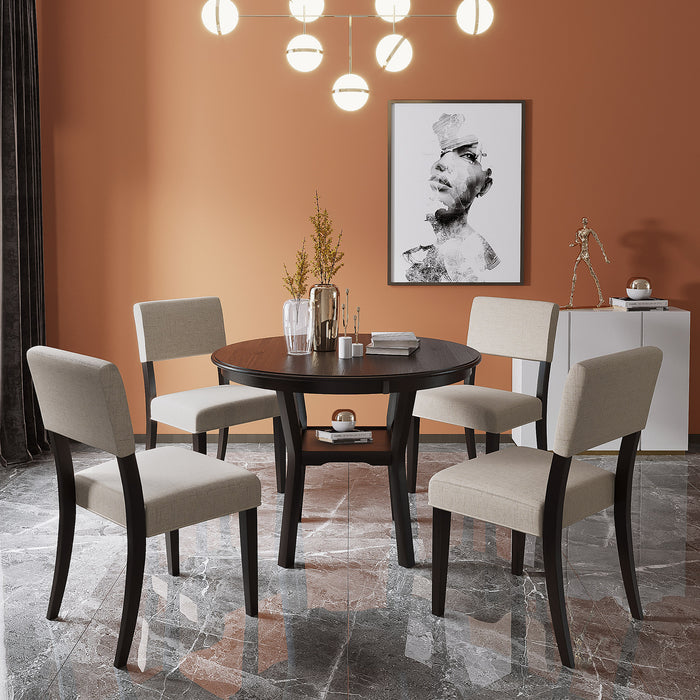 5-Piece Kitchen Dining Table Set Round Table with Bottom Shelf - Espresso