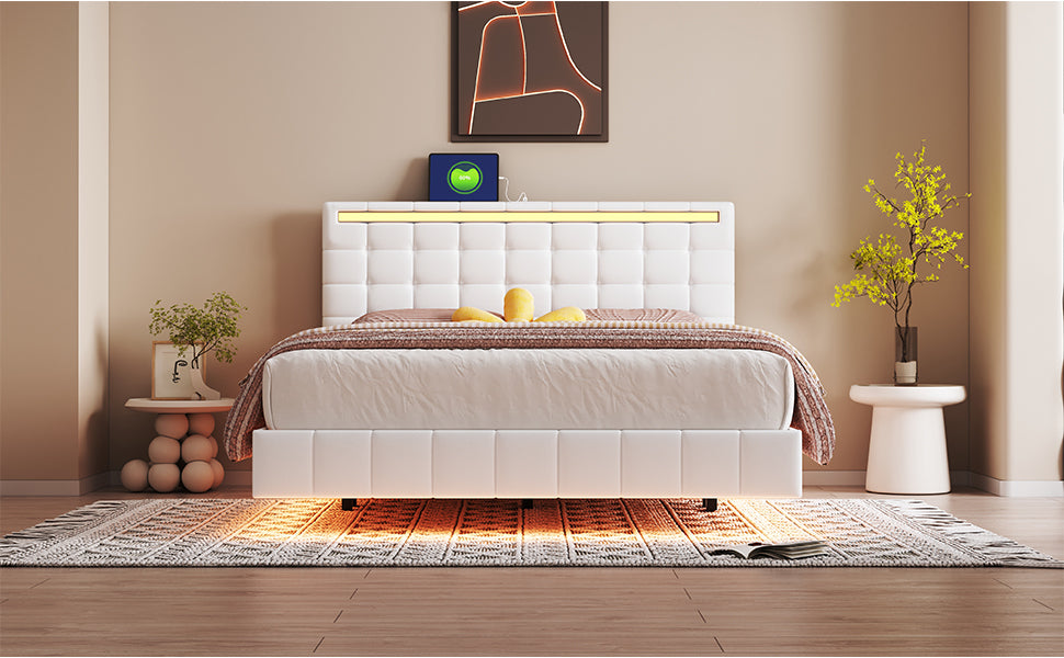 Queen Size Modern Upholstered Platform LED Bed with LED Lights and USB Charging - White