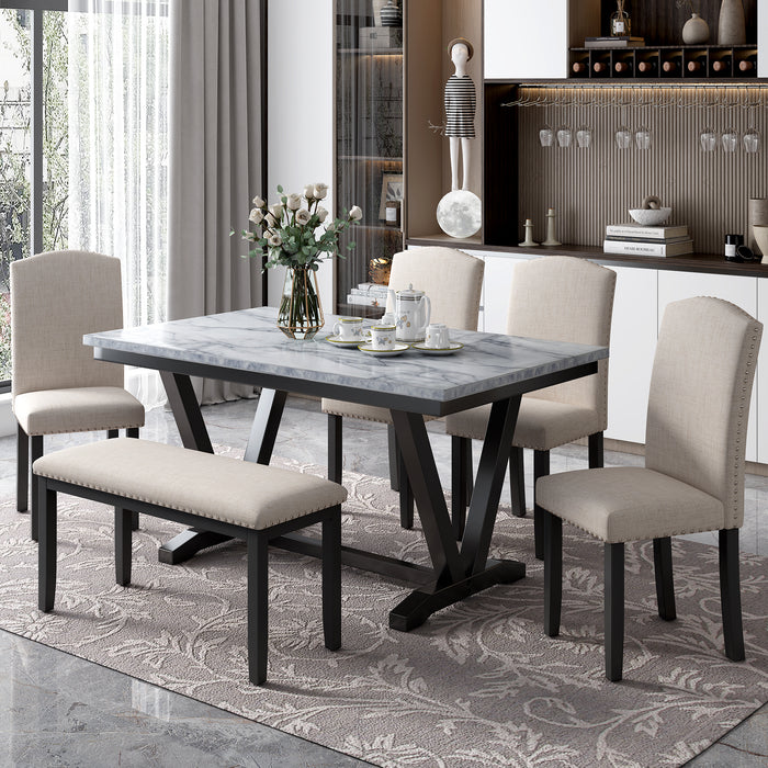 6-piece Modern Style  Dining Table with 4 Chairs & 1 Bench - White