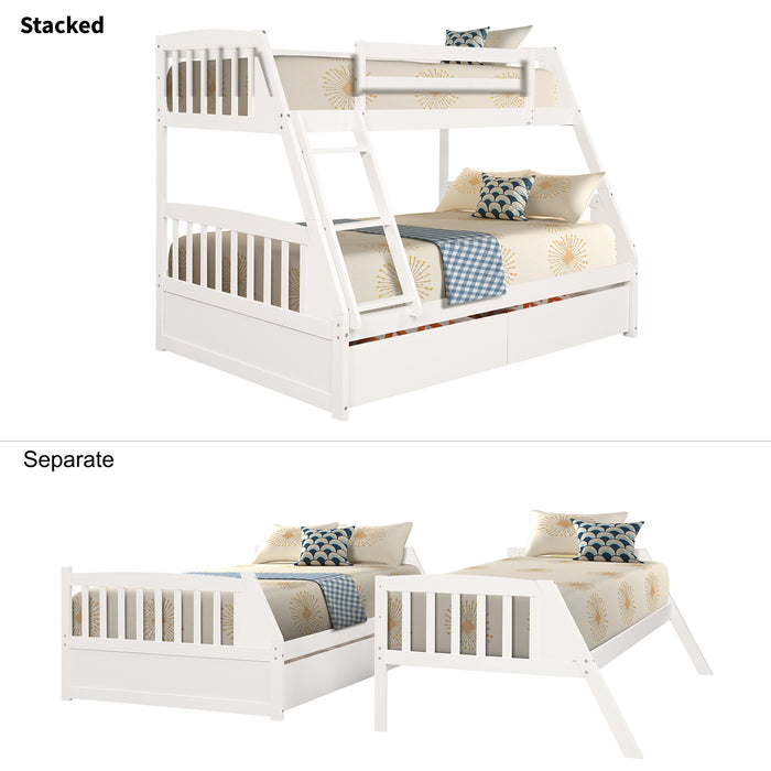 Solid Wood Twin Over Full Bunk Bed with Two Storage Drawers - White