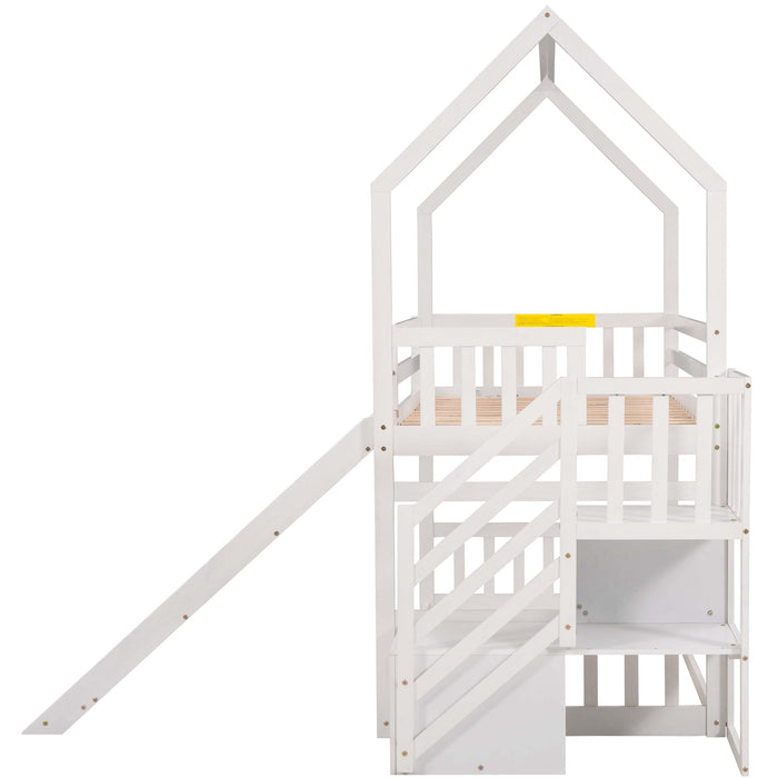 Twin over Twin House Bunk Bed with Convertible Slide, Storage Staircase -White