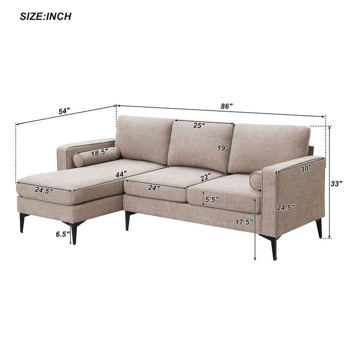 Convertible Sectional Sofa, Modern Chenille Fabric Sectional Sofa,  L-Shaped (2 Pillows)