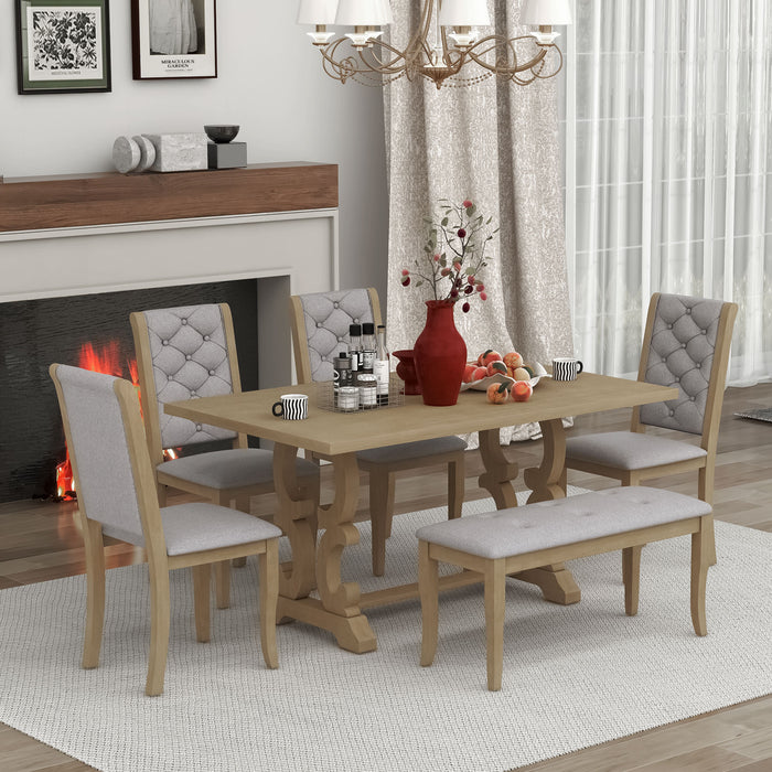 6-Piece Retro Dining Set with Unique-designed Table Legs - Beige Wash