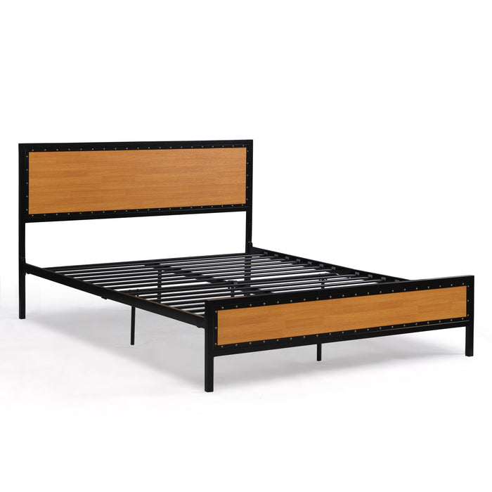 Queen Size Platform Bed Frame with Rustic Headboard and Footboard - Brown