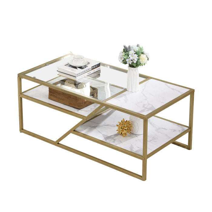 Modern Coffee Table with Storage Shelf and Tempered Glass for Living Room & Bedroom - Golden