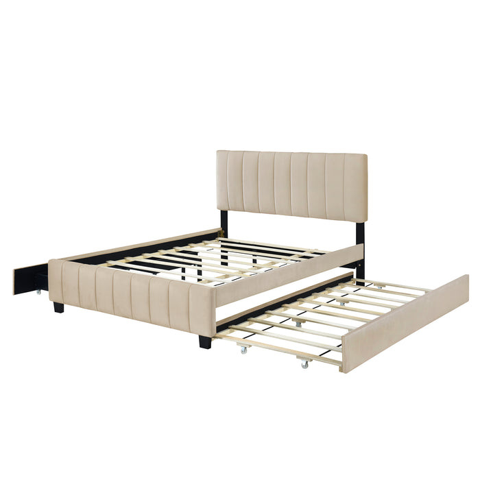 Queen Size Velvet Upholstered Platform Bed with 2 Drawers and Trundle- Beige