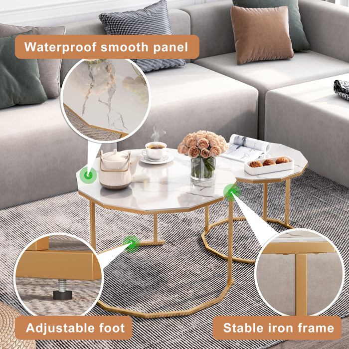 Marble Coffee End table - White Artificial Marble Top (white+golden)