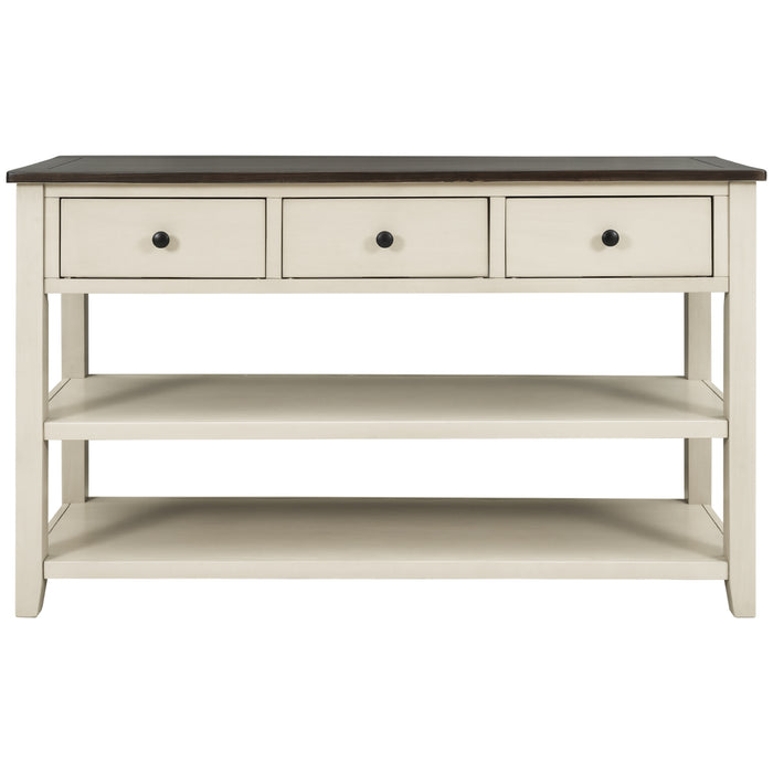 Retro Design Console Table with Two Open Shelves - Espresso + Beige