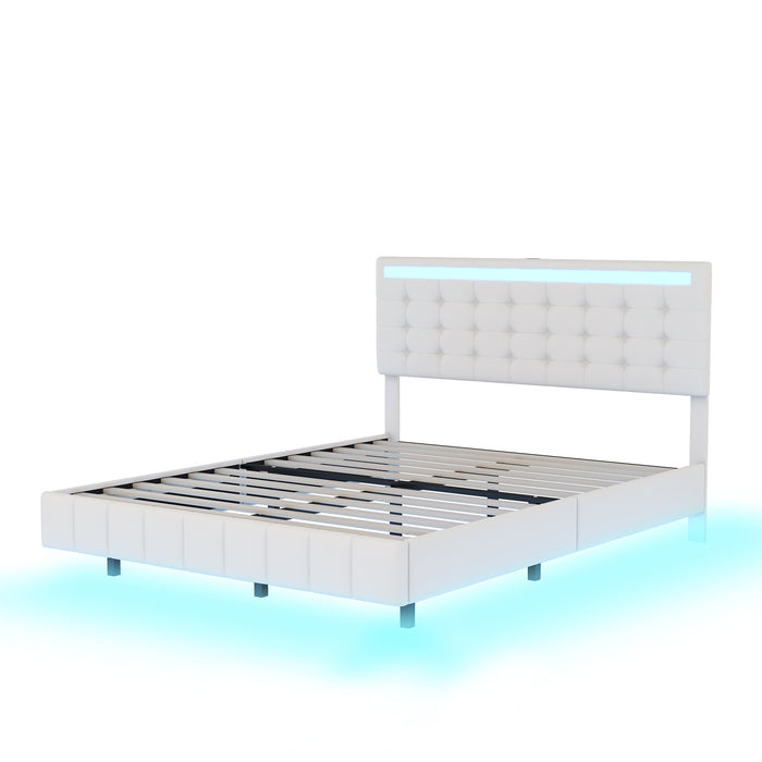 Queen Size Modern Upholstered Platform LED Bed with LED Lights and USB Charging - White