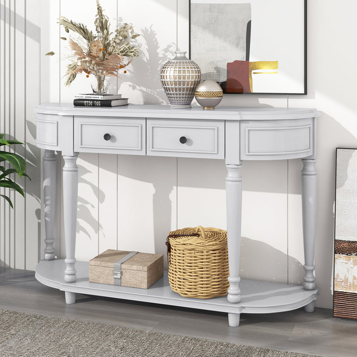 Retro Circular Curved Design Console Table with Open Style Shelf - Antique White