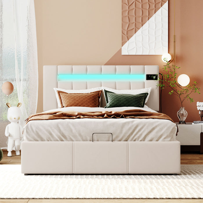 Full Size Velvet Upholstered Storage Bed with LED light, Bluetooth Player and USB Charging - Beige