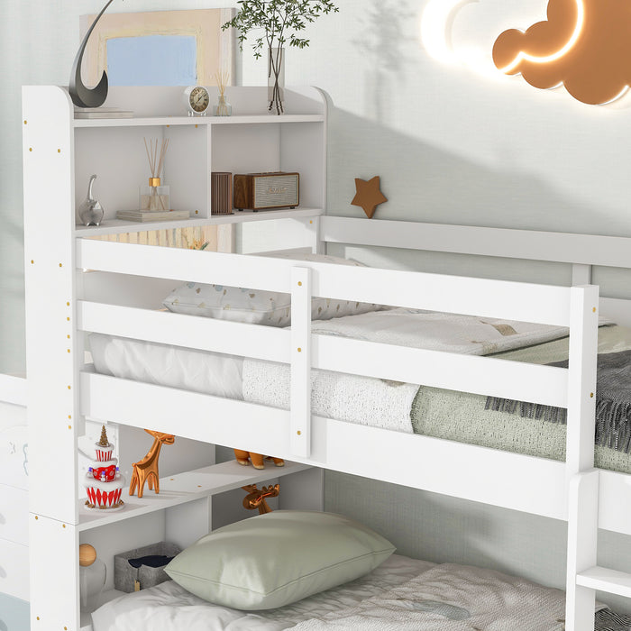 Twin Over Twin Bunk Beds with Bookcase Headboard - White