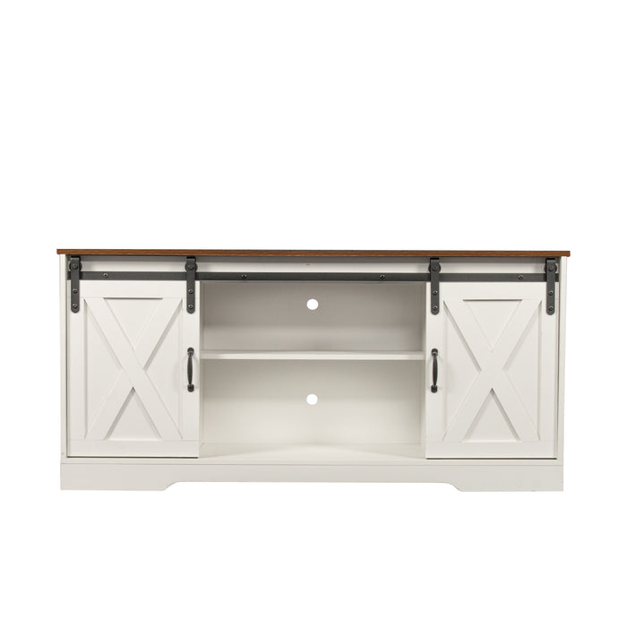 TV Stand Sliding Barn Door Modern & Farmhouse Wood Entertainment Center, upto 65" - Distressed White&Rustic