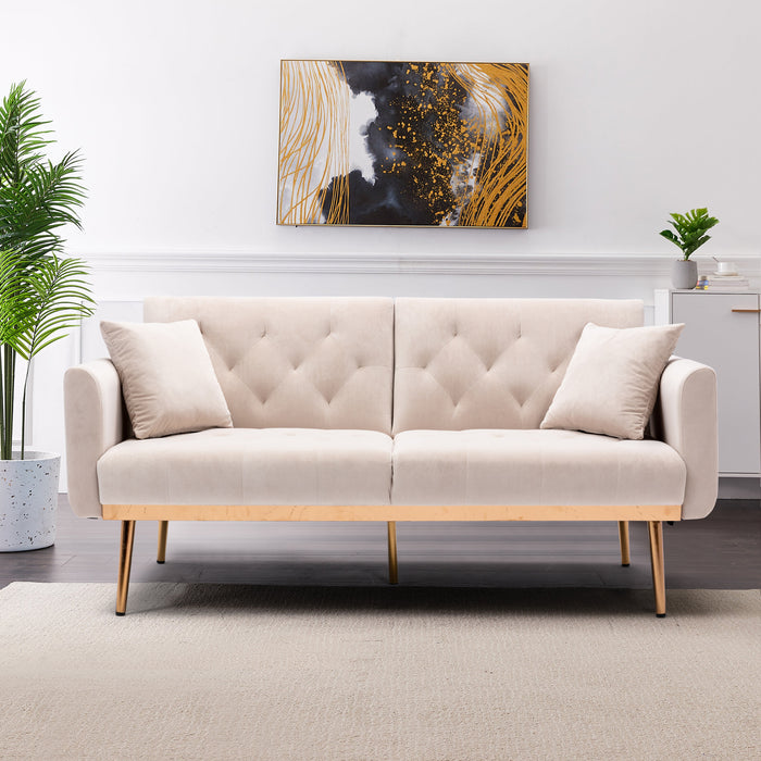 Velvet loveseat with rose gold metal feet